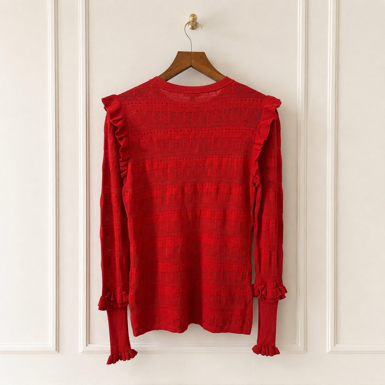 Pointelle Frill Knit Jumper - Deep Vermillion