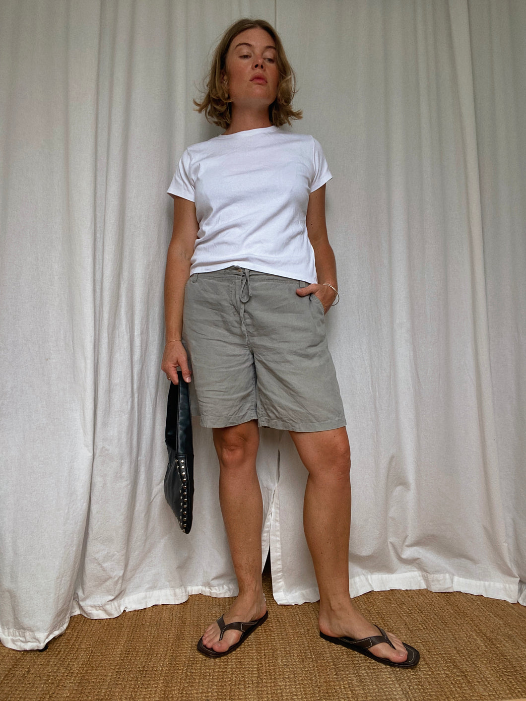 Linen Drawstring Shorts-Grey