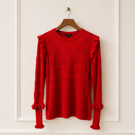 Pointelle Frill Knit Jumper - Deep Vermillion