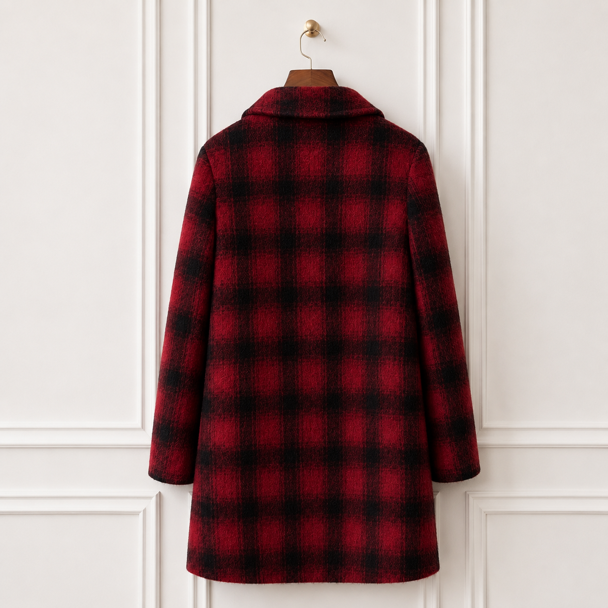 Pure Llama Wool Buffalo Check Coat Red