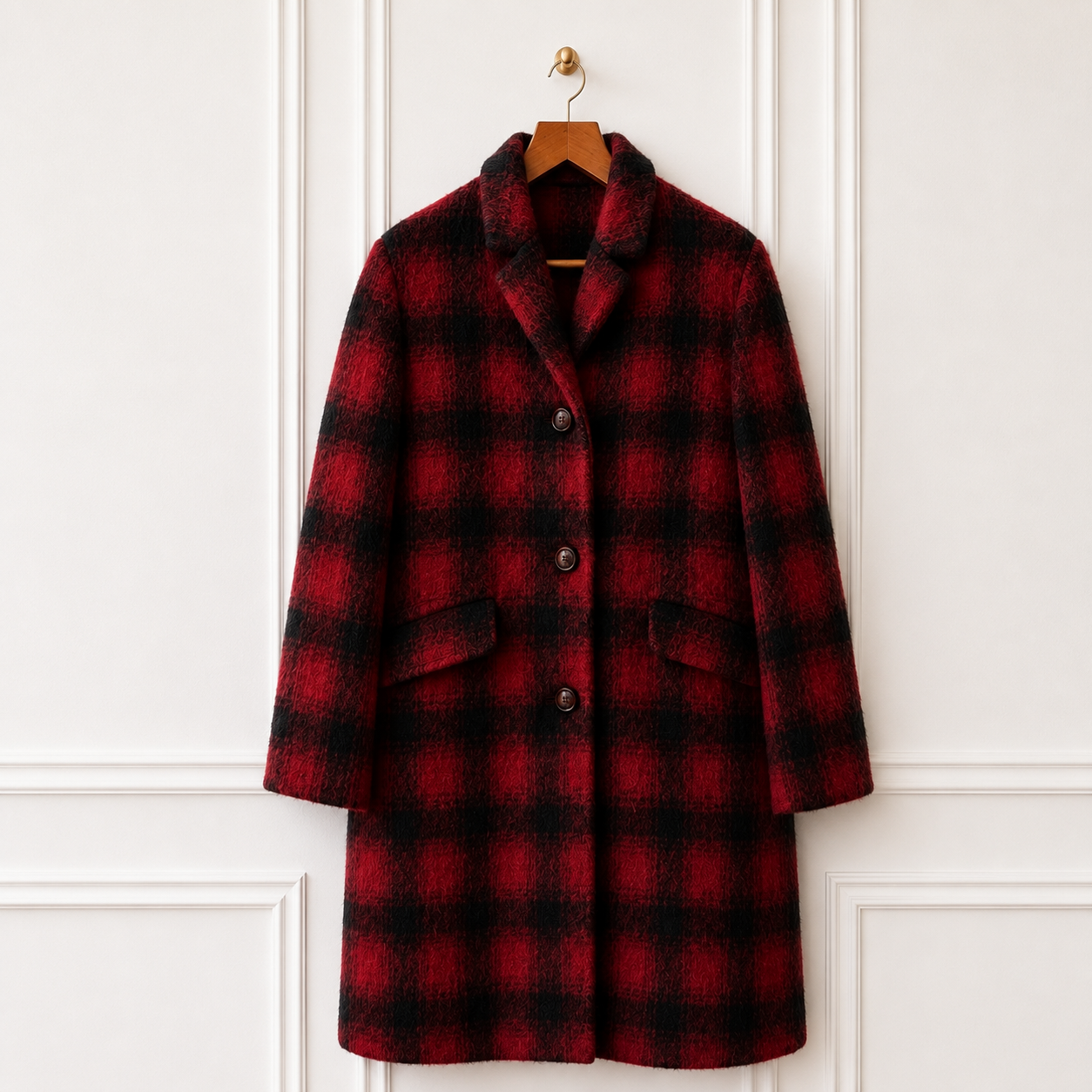 Pure Llama Wool Buffalo Check Coat Red