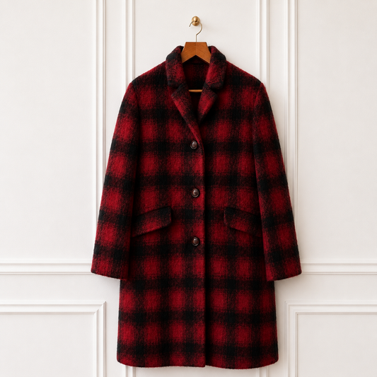 Pure Llama Wool Buffalo Check Coat Red