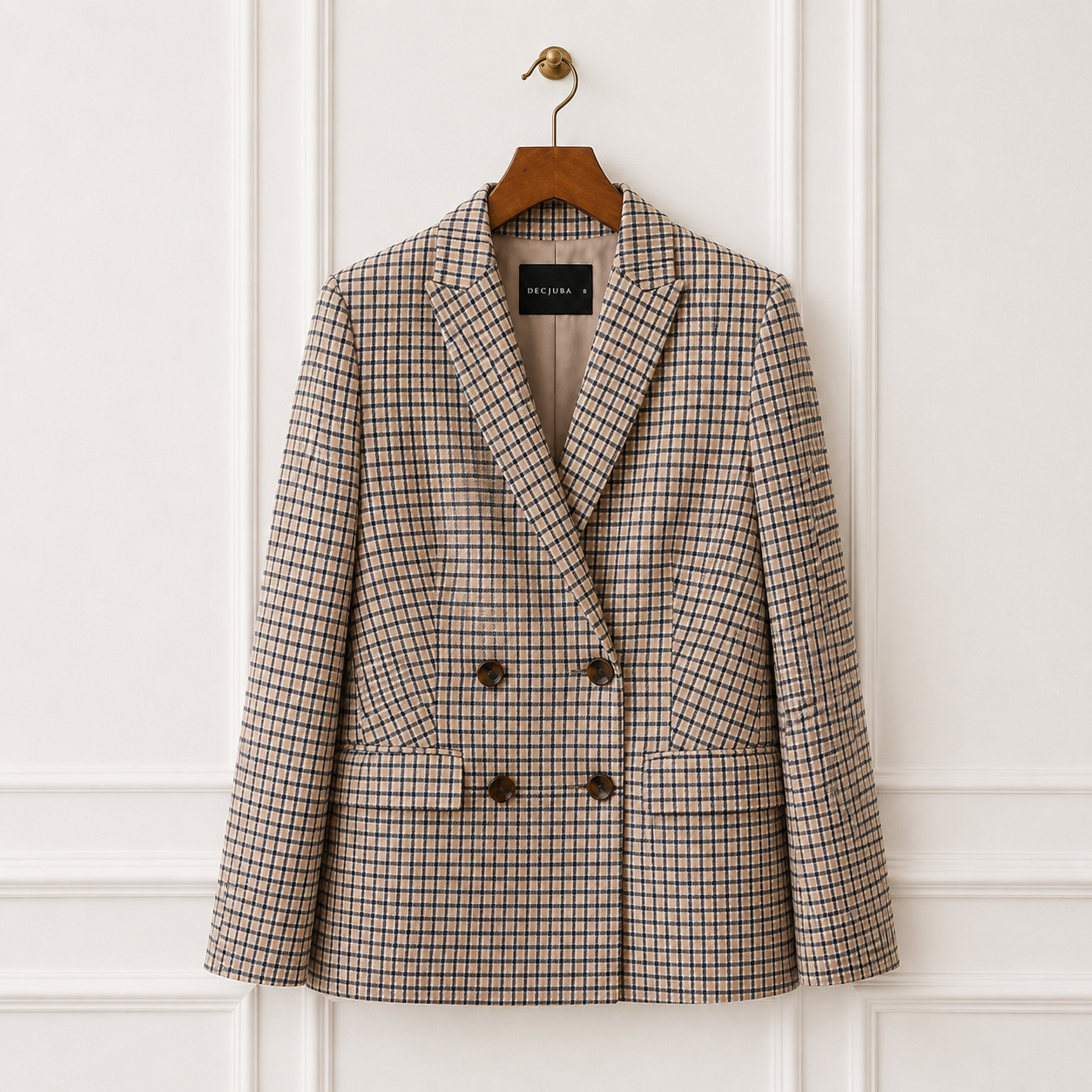 Check Double Breasted Blazer Navy Cream Mauve