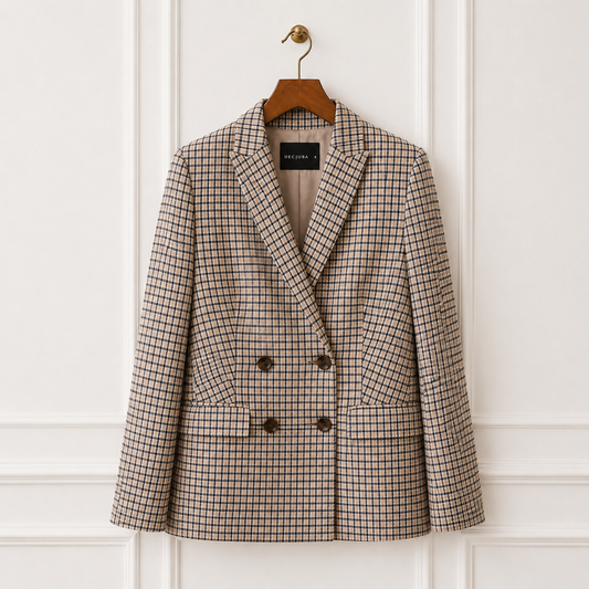 Check Double Breasted Blazer Navy Cream Mauve