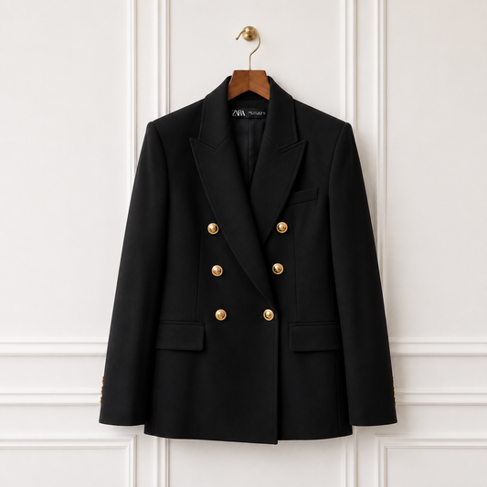 Double Breasted Blazer Black Gold Crest Buttons