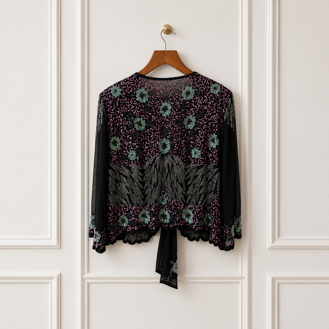 Beaded Sequin Tie Front Jacket Black