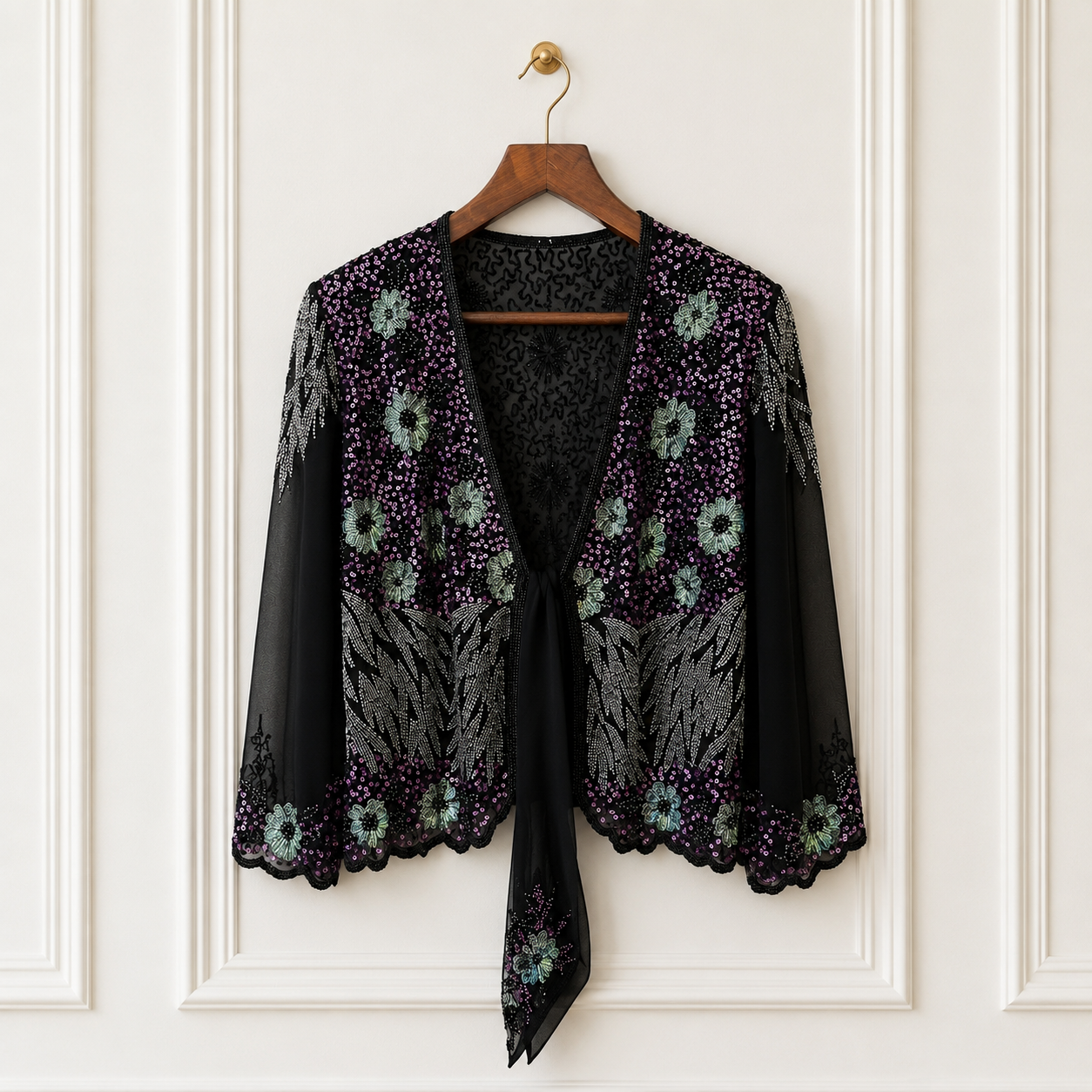 Beaded Sequin Tie Front Jacket Black