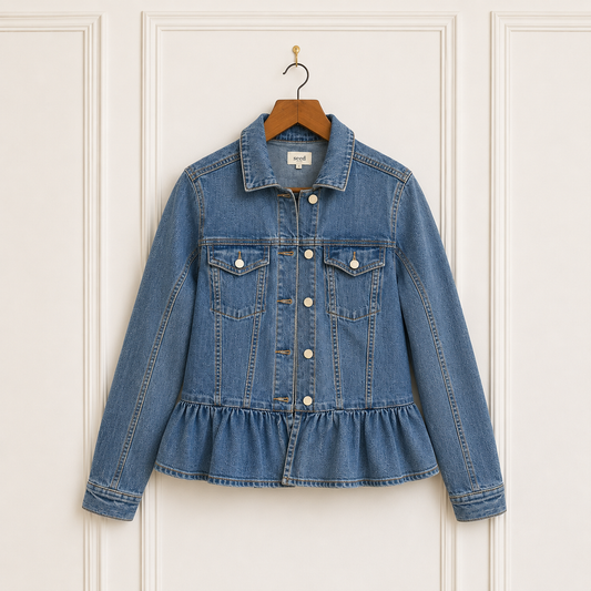 Stretch Cotton Frill Denim Jacket Blue