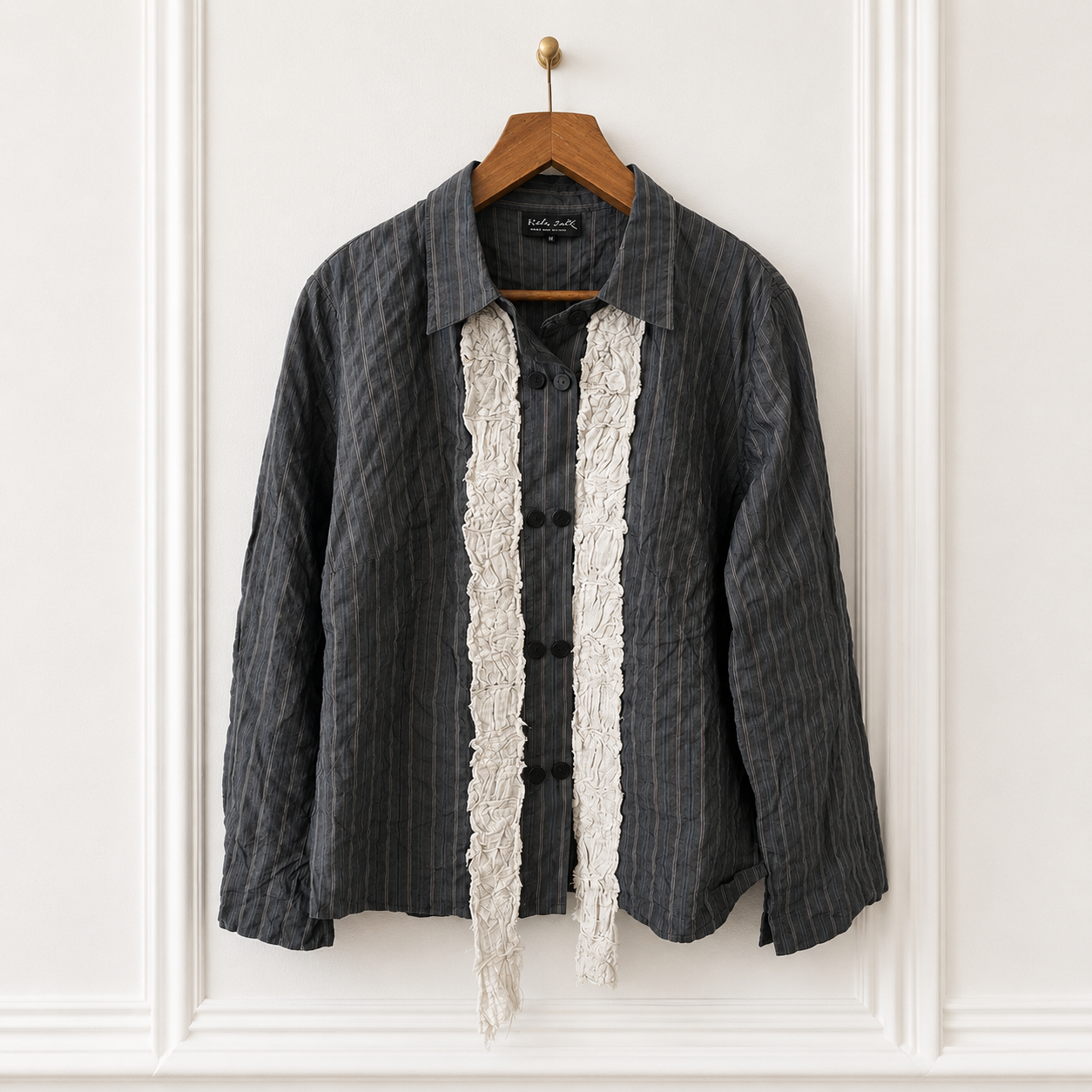 Cotton Silk Pinstripe Ruffle Shirt
