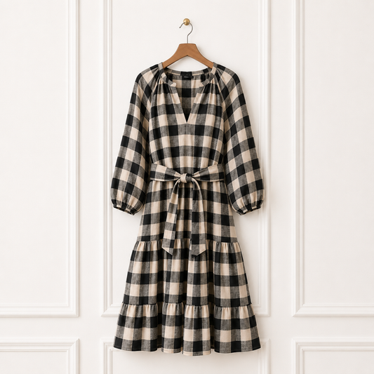 Pure Linen Gingham Midi Dress