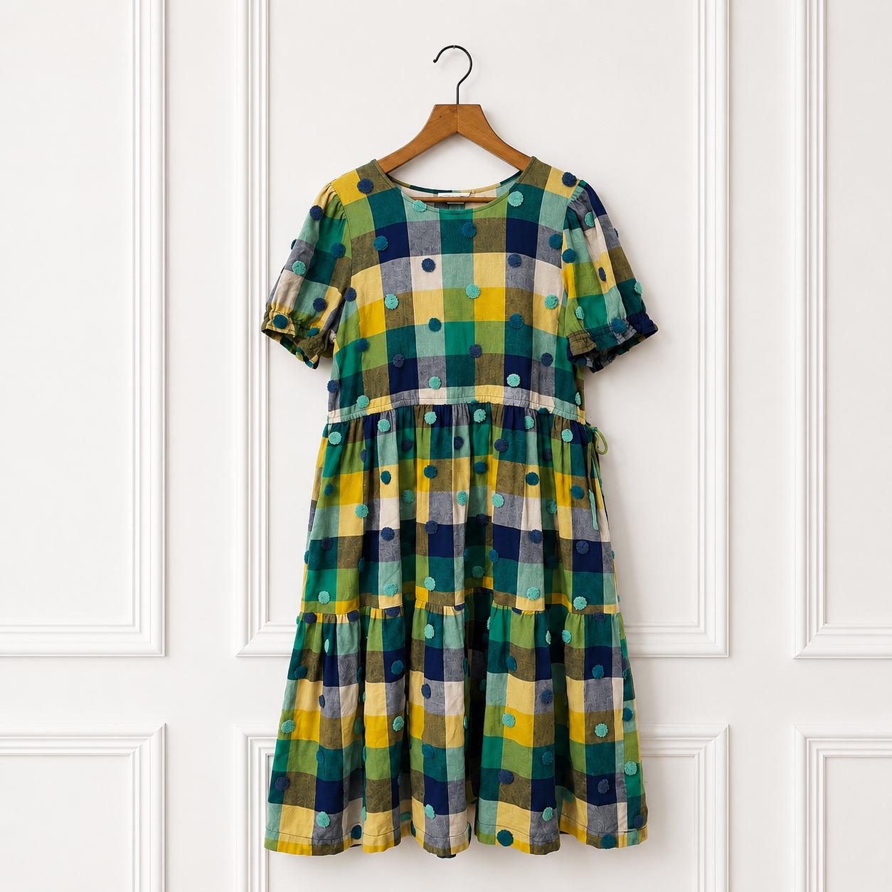 Pom Pom Check Cotton Midi Dress
