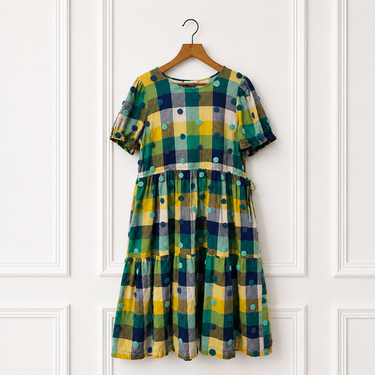 Pom Pom Check Cotton Midi Dress