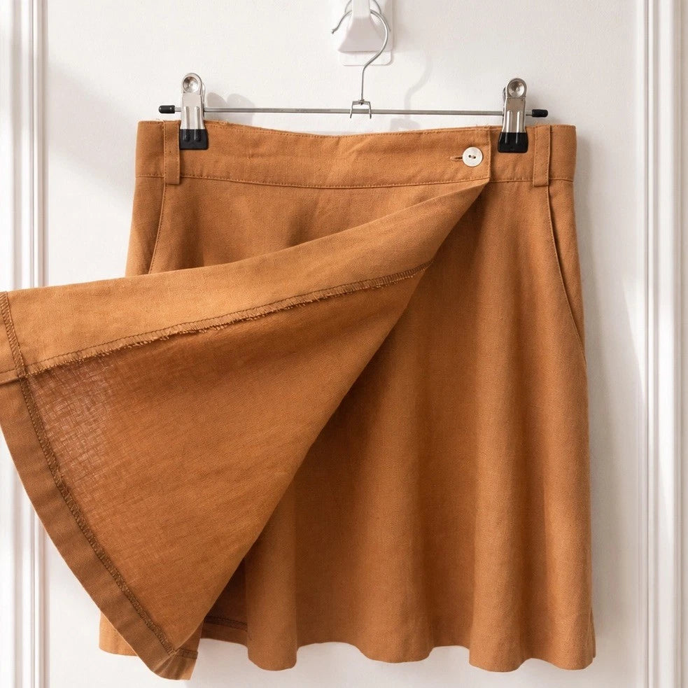 Linen Blend Wrap Skirt Camel