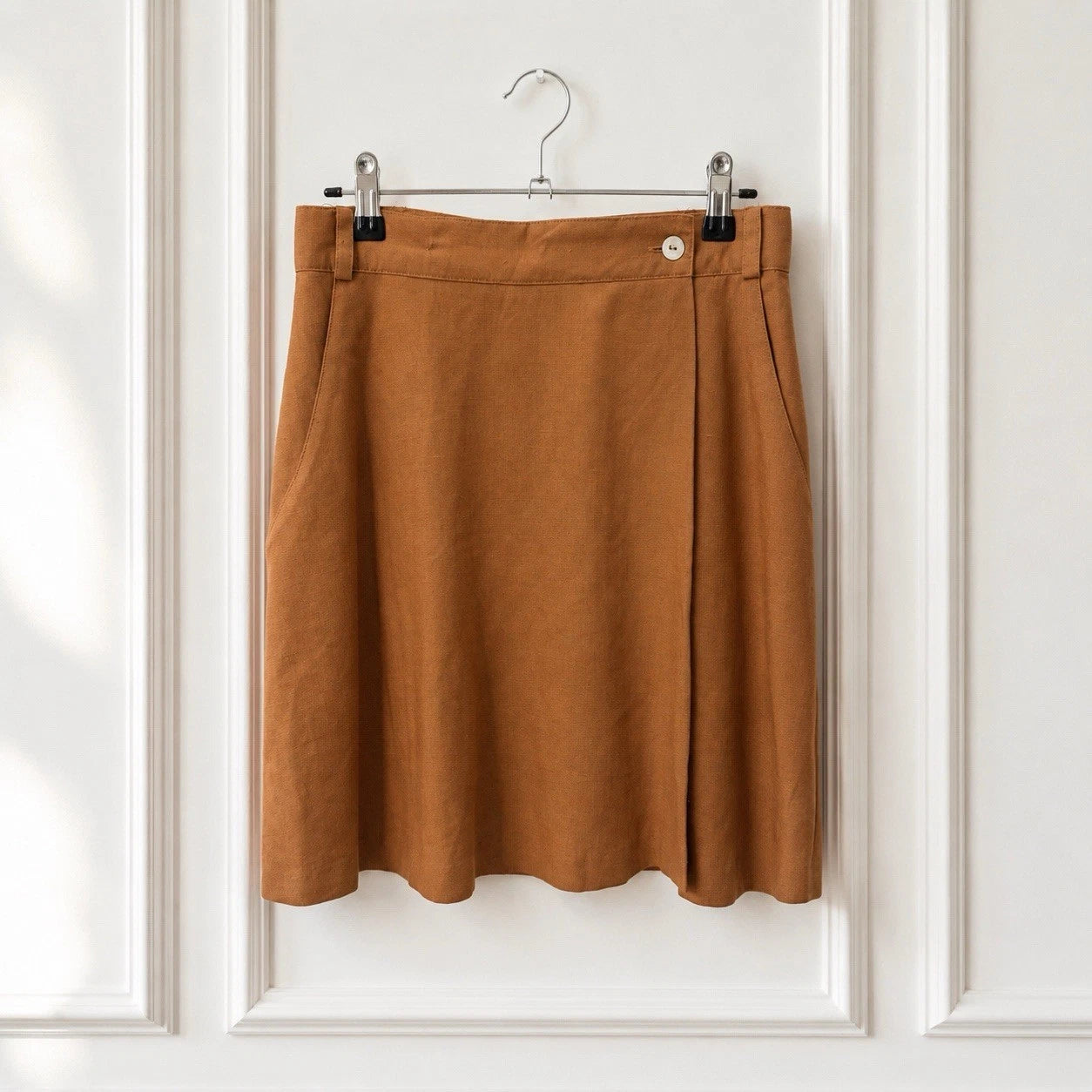Linen Blend Wrap Skirt Camel