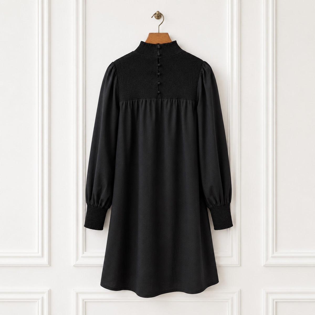 Black Cotton Smocked Mini Dress