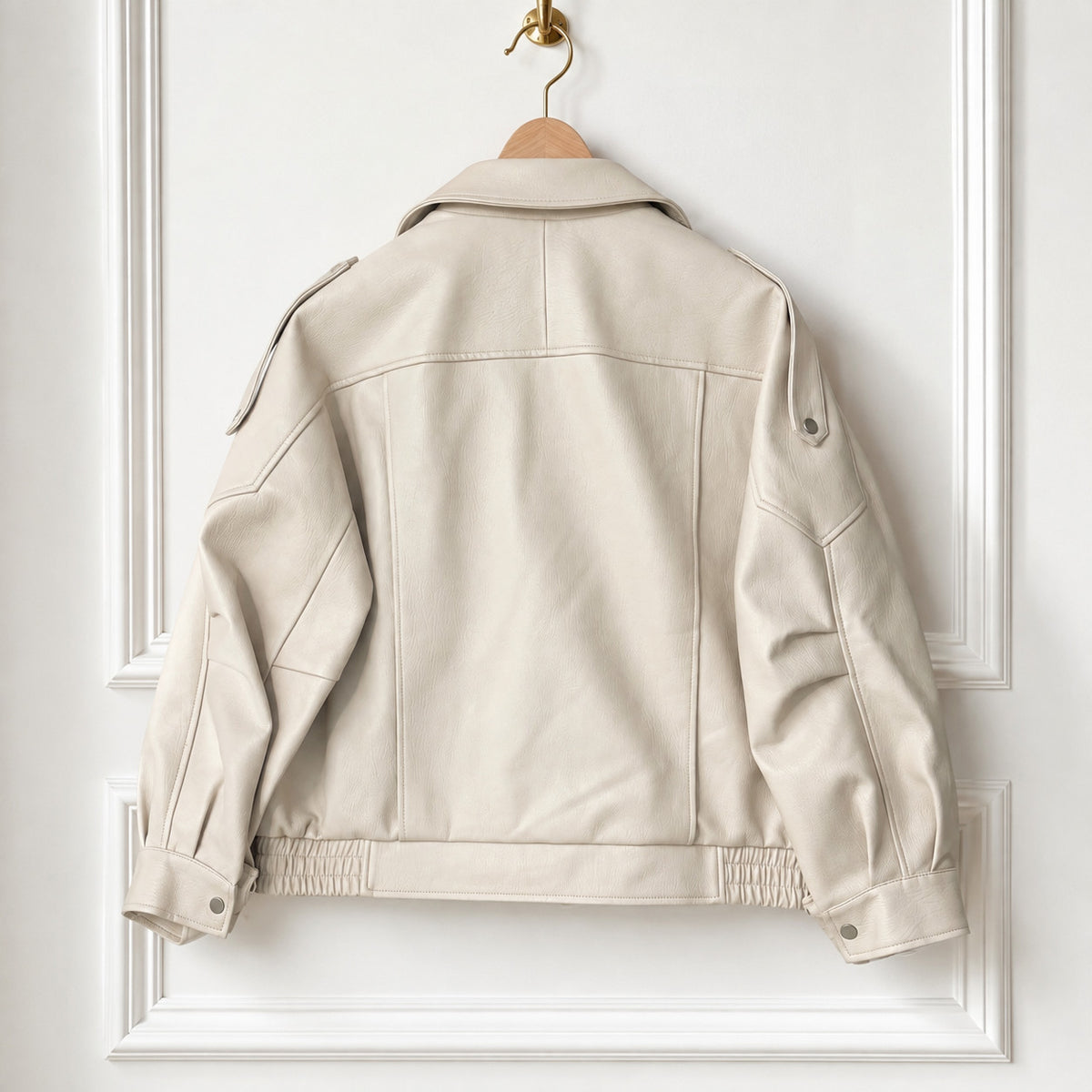 Cream Faux Leather Bomber Jacket