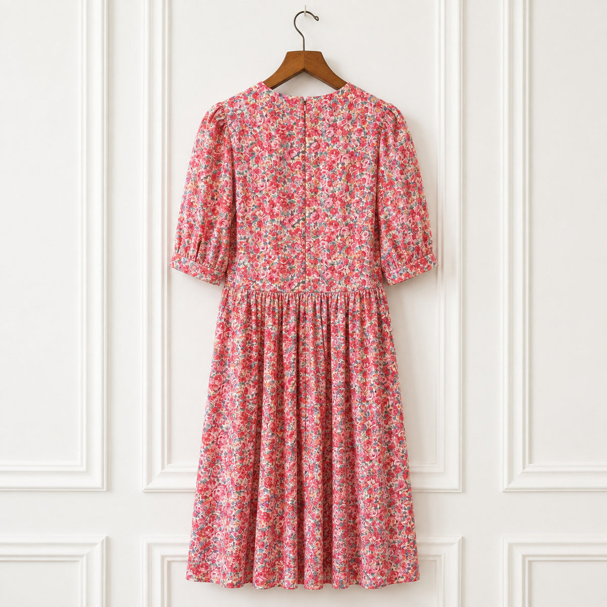 Vintage Pink Floral Cotton Midi Dress