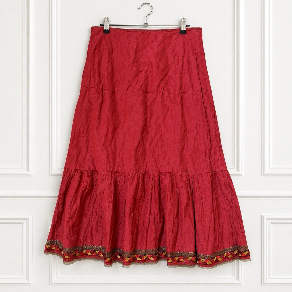 Red Floral Appliqué Midi Skirt