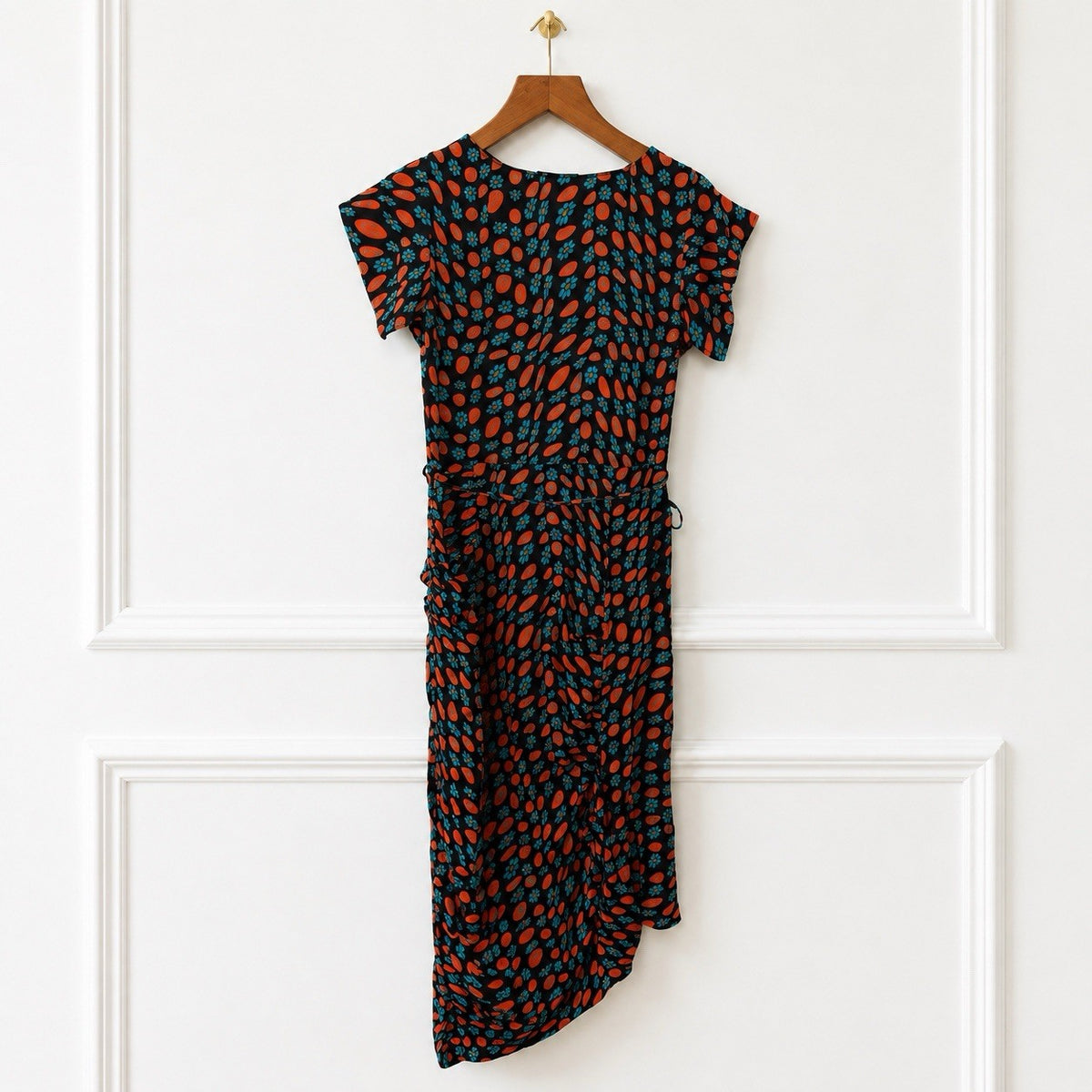 Black Floral Silk Ruched Midi Dress