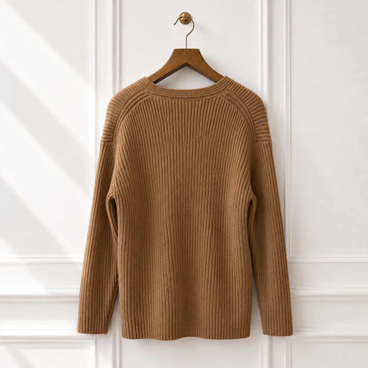 Pure New Wool Rib Knit Jumper - Camel