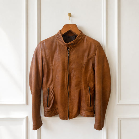 Cognac Brown Leather Cafe Racer Jacket