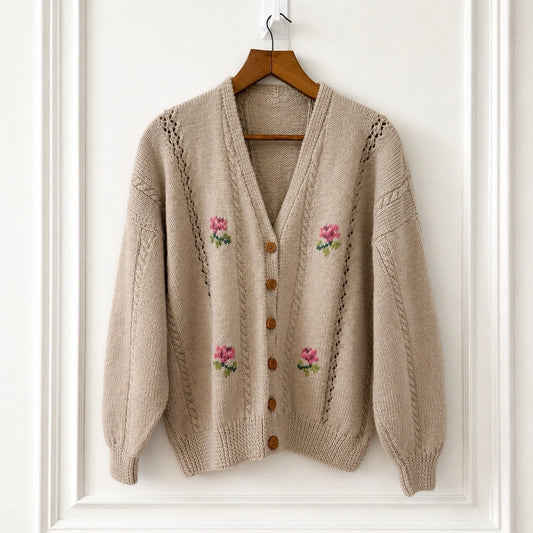 Wool Blend Floral Knit Cardigan