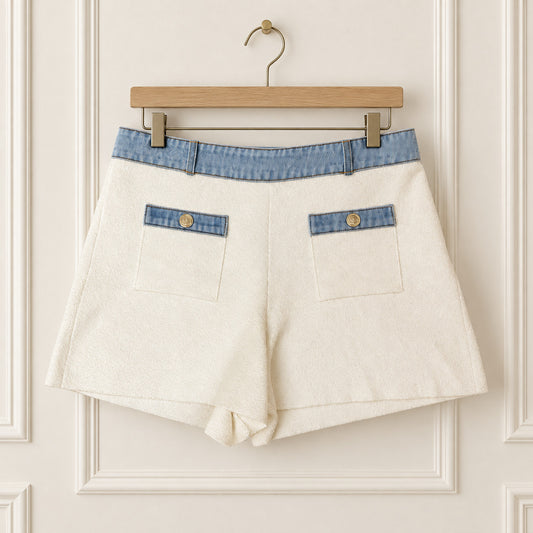 Ecru Knit Shorts with Denim Trim
