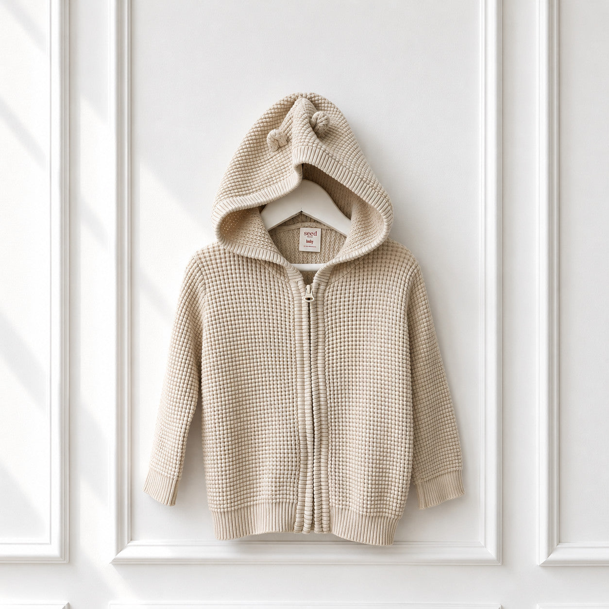Waffle Cotton Knit Bear Ear Hoodie