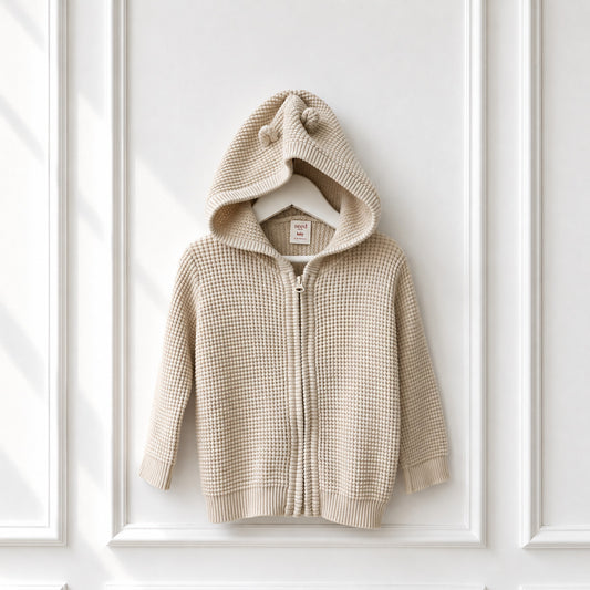 Waffle Cotton Knit Bear Ear Hoodie