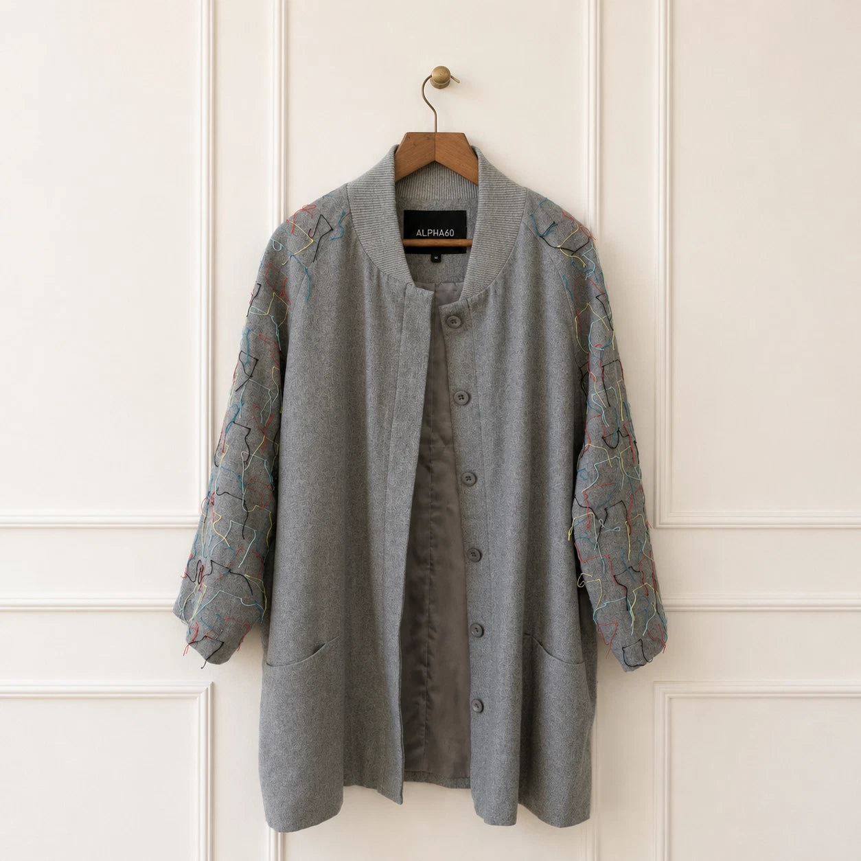 Wool Blend Embroidered Sleeve Jacket Grey