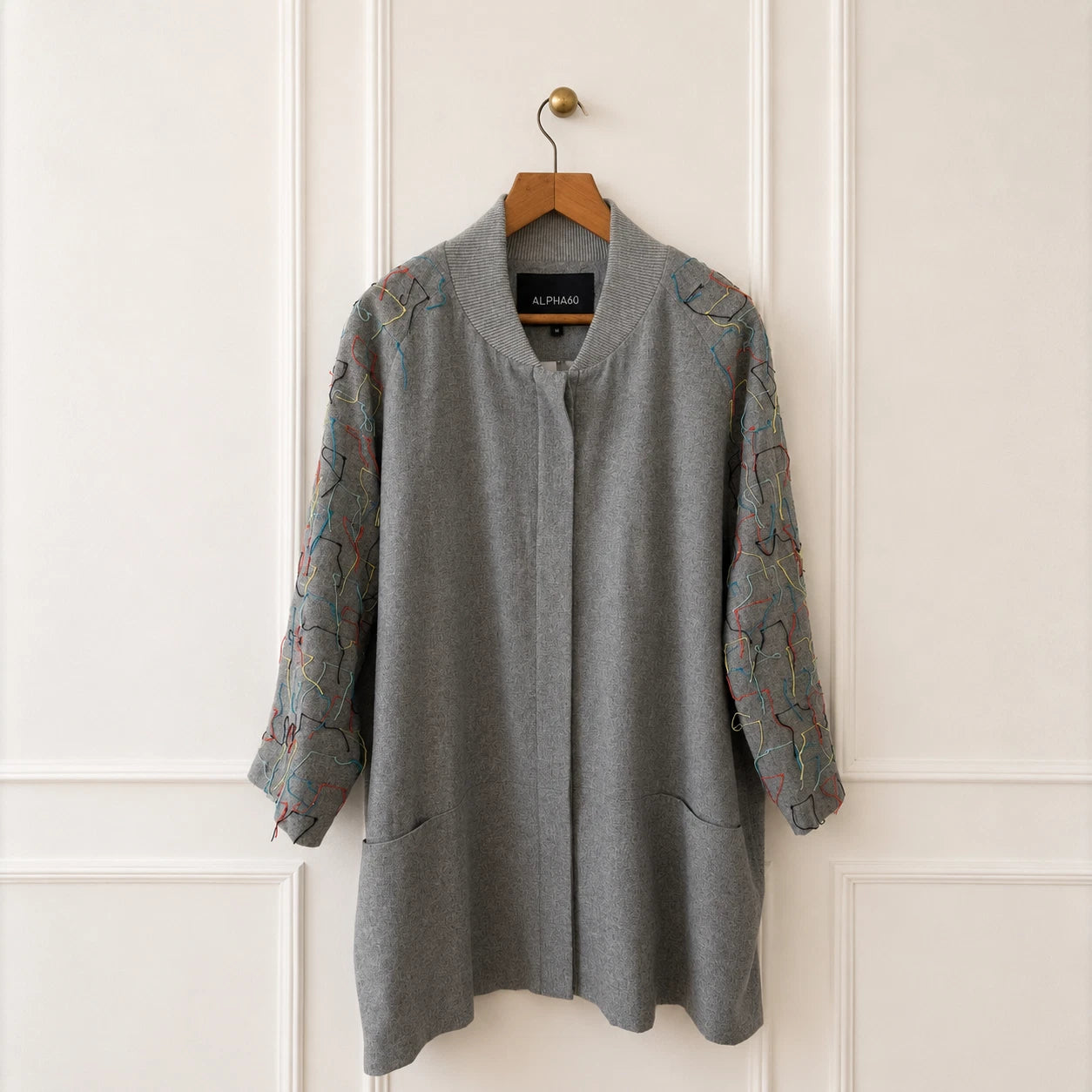 Wool Blend Embroidered Sleeve Jacket Grey