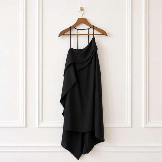 Black Silk Blend Asymmetric Ruffle Dress