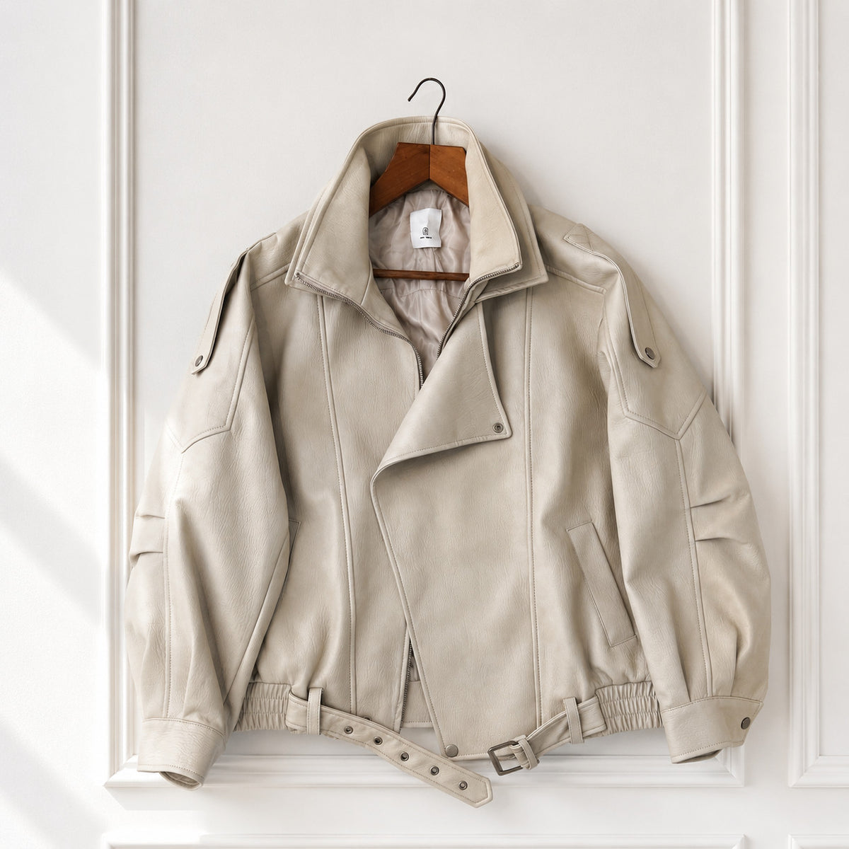 Cream Faux Leather Bomber Jacket