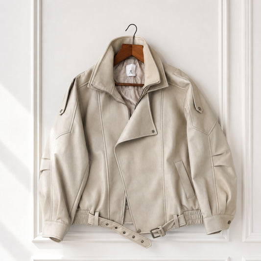 Cream Faux Leather Bomber Jacket