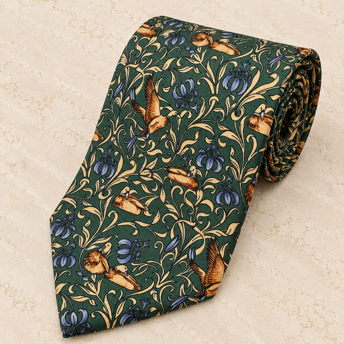 Green Duck Print Silk Tie