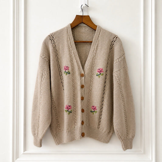 Vintage Floral Embroidered Chunky Knit Cardigan
