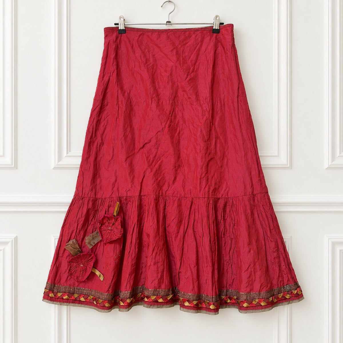 Red Floral Appliqué Midi Skirt