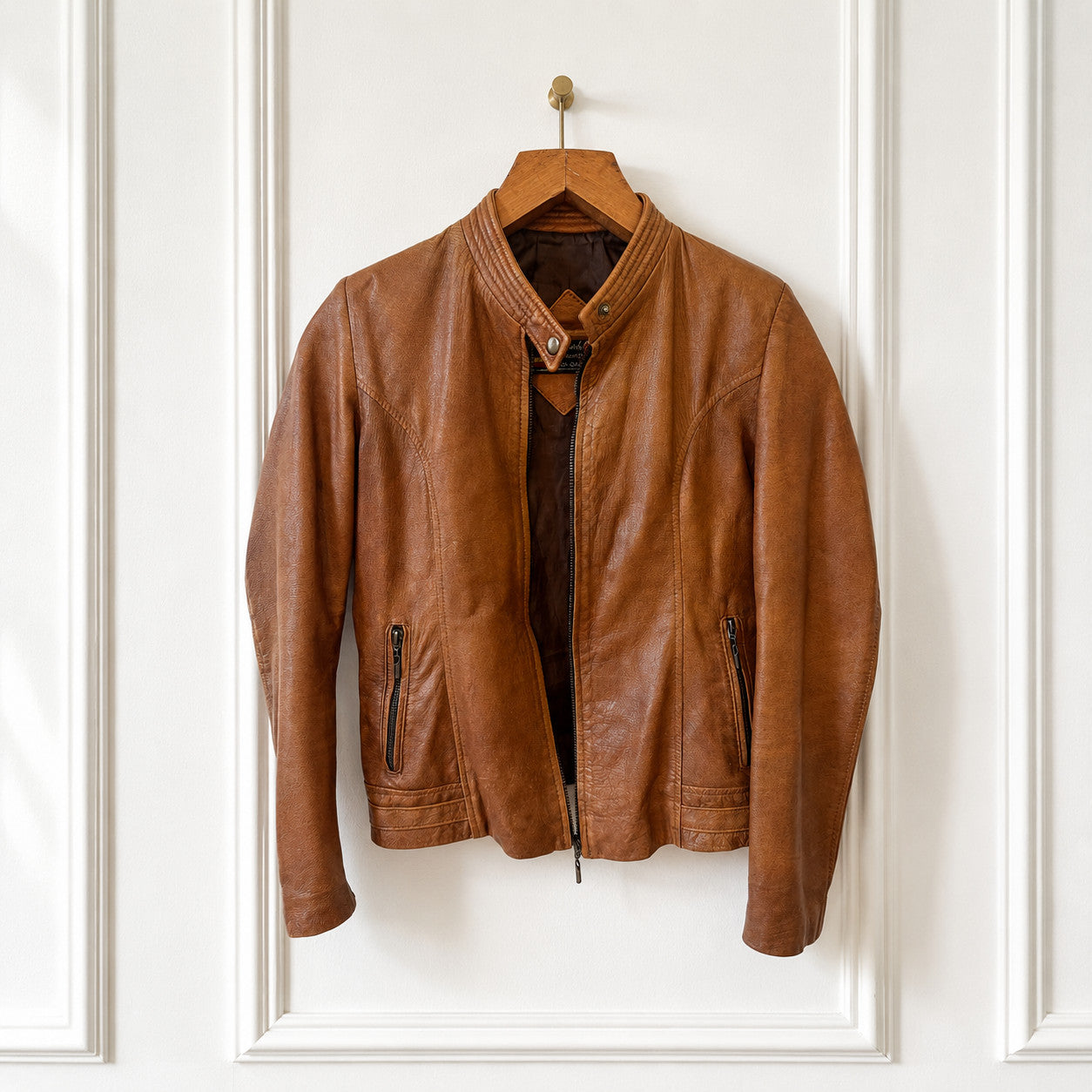 Cognac Brown Leather Cafe Racer Jacket