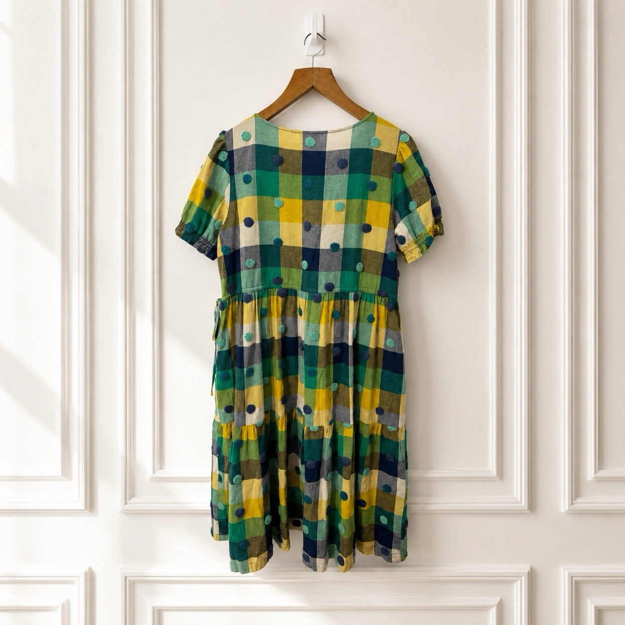 Pom Pom Check Cotton Midi Dress