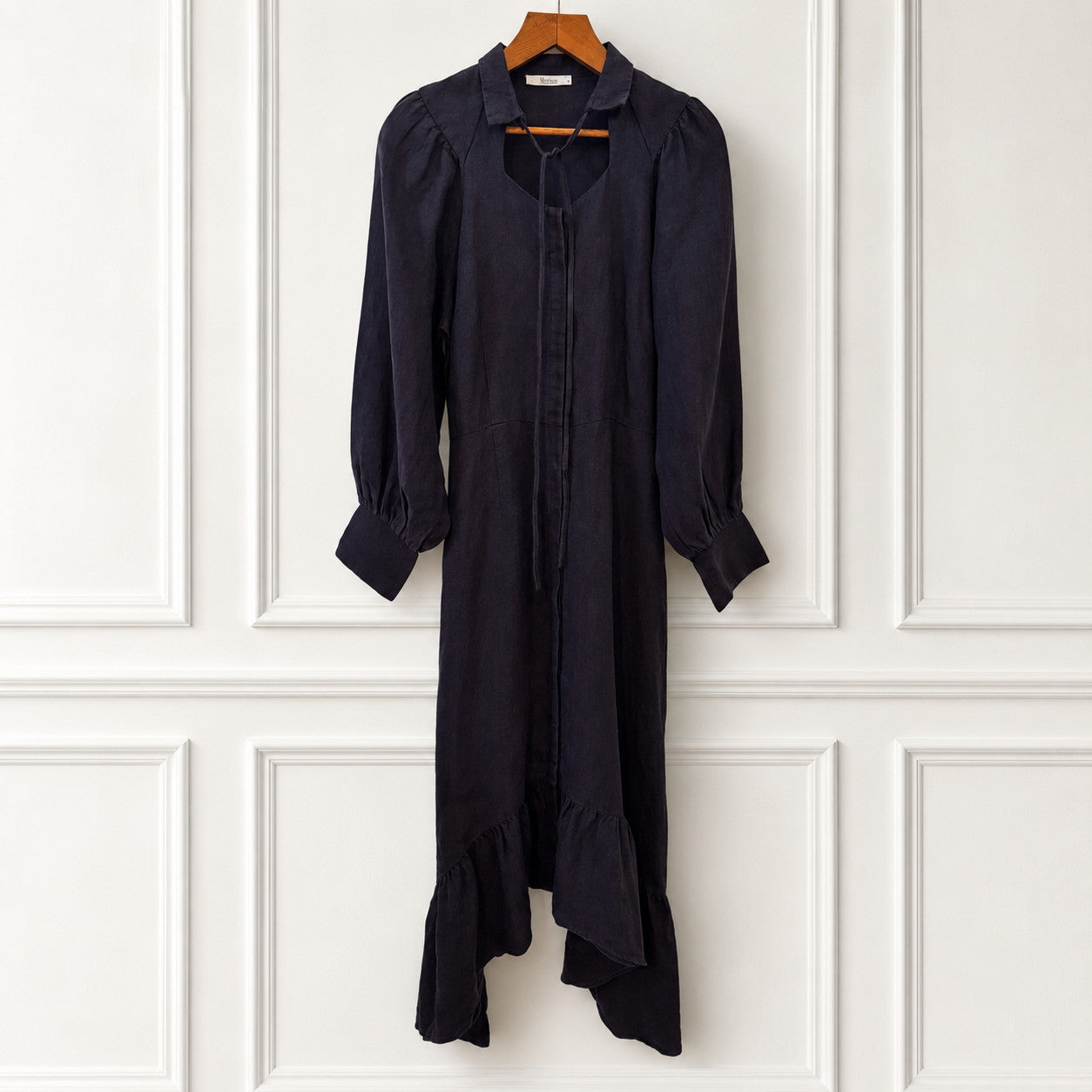 Pure Linen Tie Neck Midi Dress