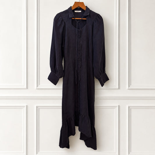 Pure Linen Tie Neck Midi Dress