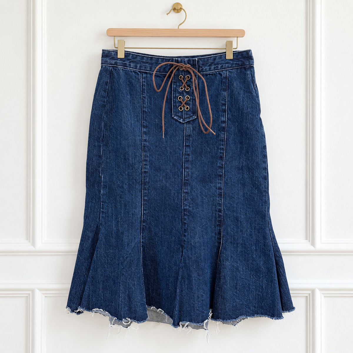 Vintage Dark Wash Lace Up Denim Midi Skirt
