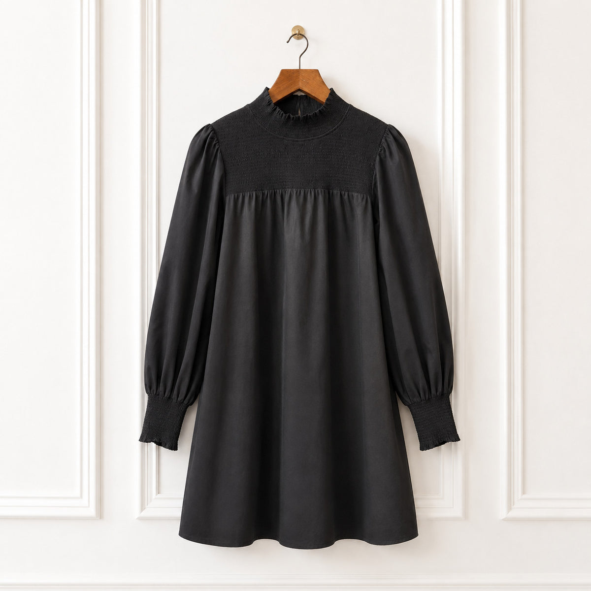 Black Cotton Smocked Mini Dress