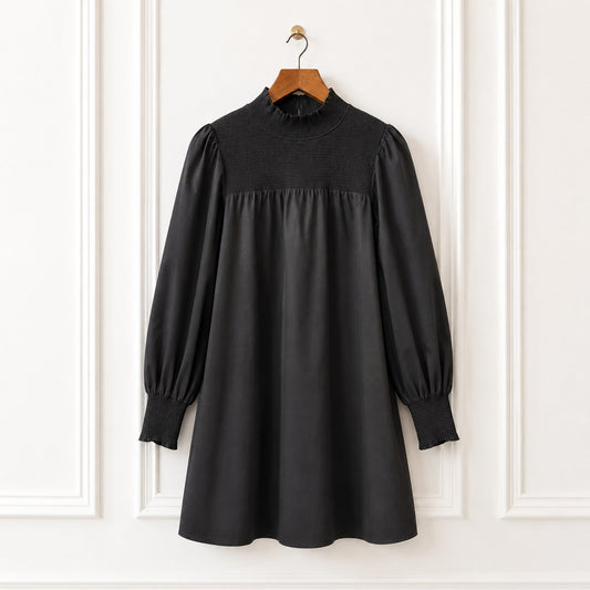Black Cotton Smocked Mini Dress