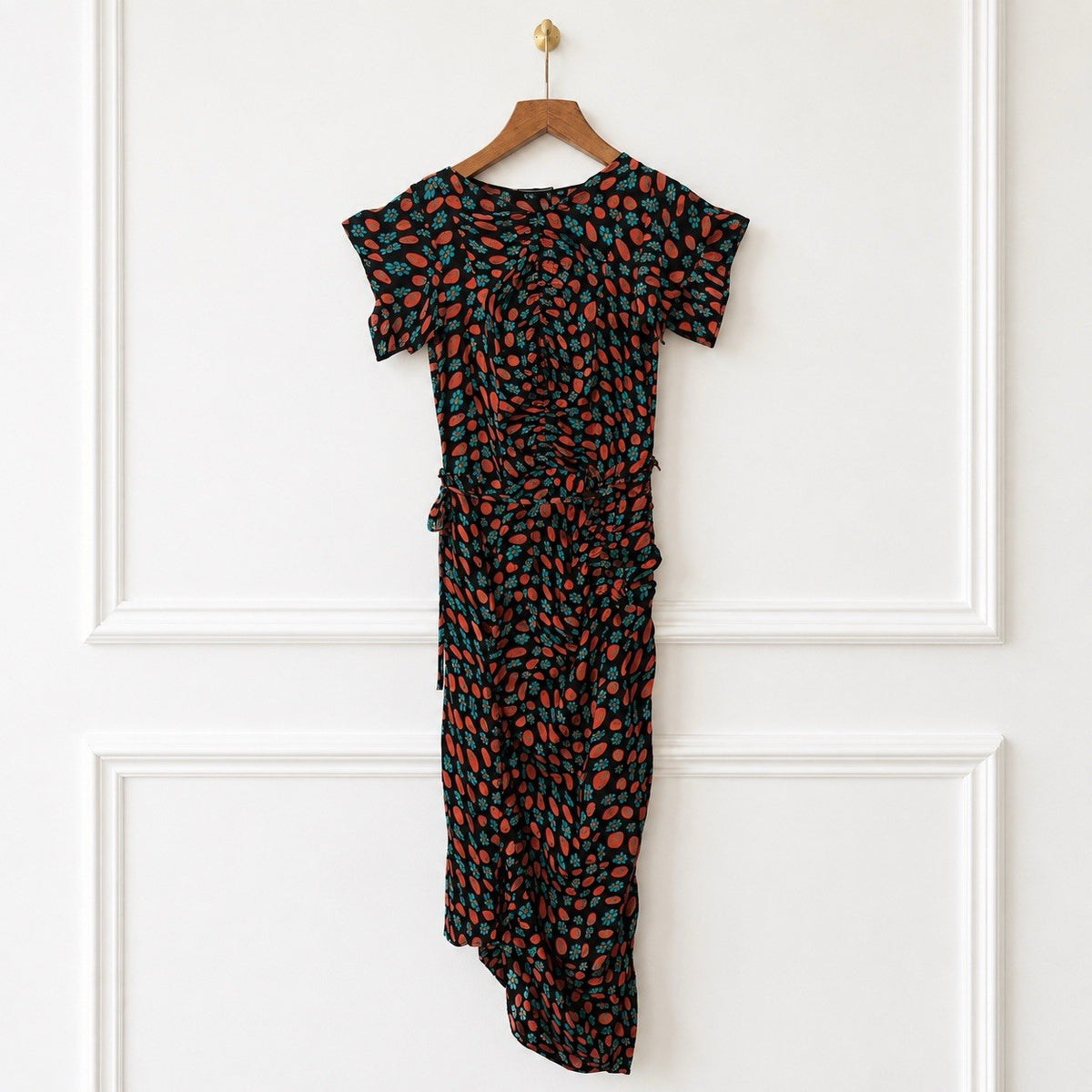 Black Floral Silk Ruched Midi Dress