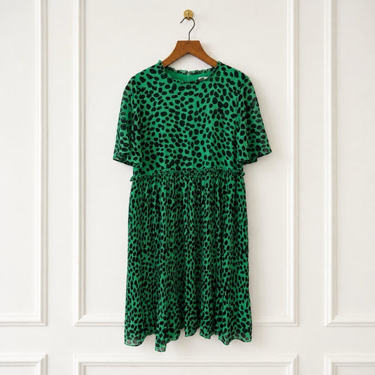 Green Spot Pleated Midi Dress