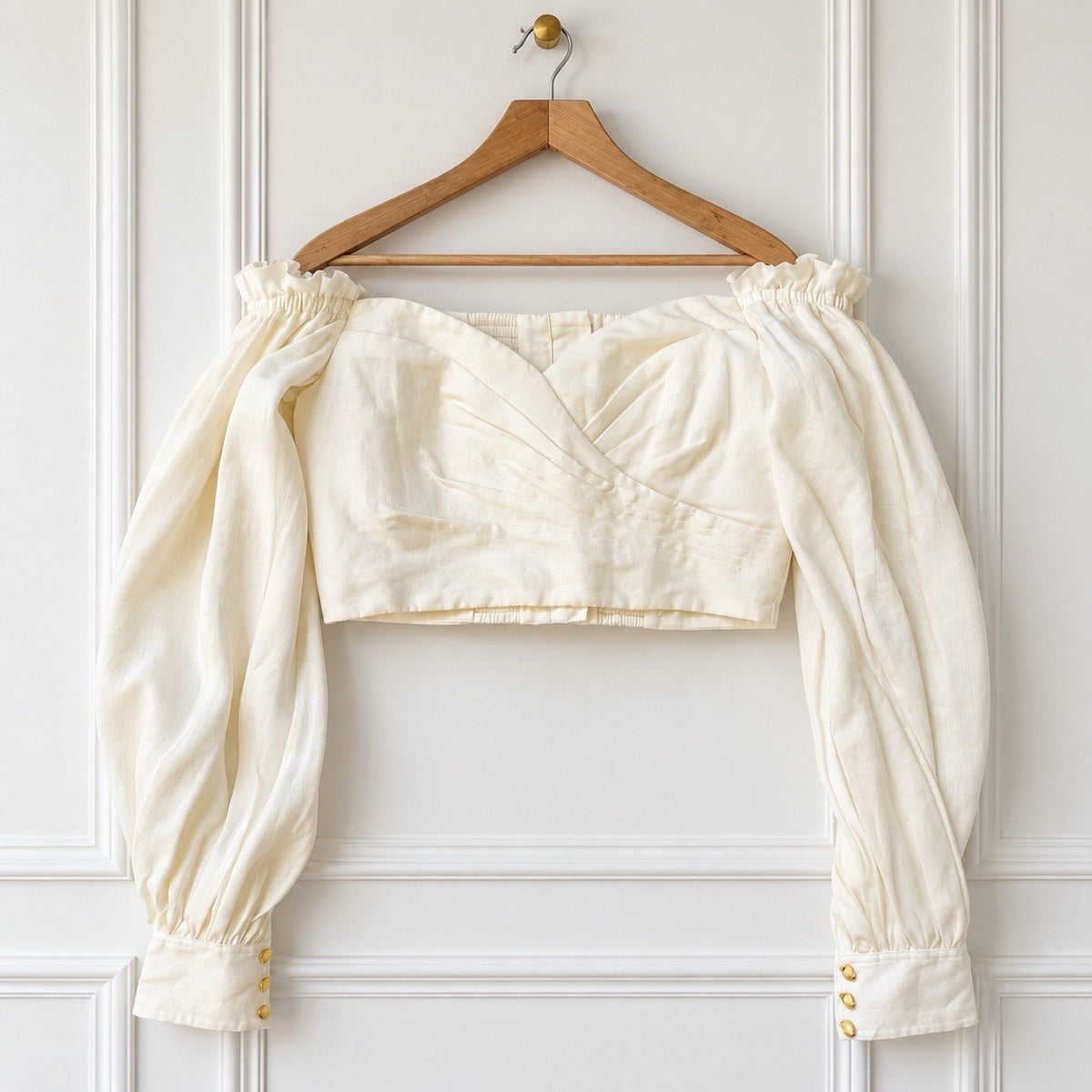Ivory Linen Blend Puff Sleeve Crop Top