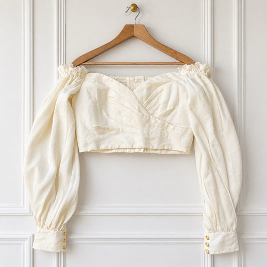 Ivory Linen Blend Puff Sleeve Crop Top
