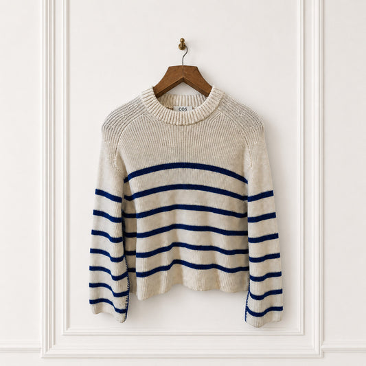 Cream and Blue Striped Wool Blend Jumper