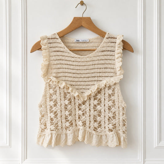 Cream Crochet Lace Ruffle Top